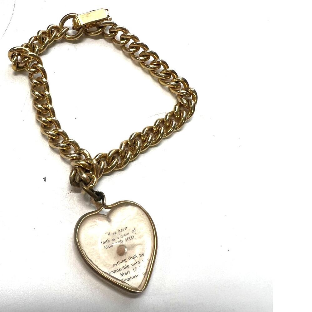 chain bracelet vintage 50's heart charm gold mustard seed Bible Matthew 17 - Picture 5 of 5